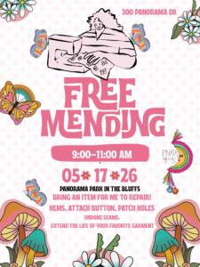Floral graphics announcing Free Mending event in Bakersfield Ca on May 17 2026